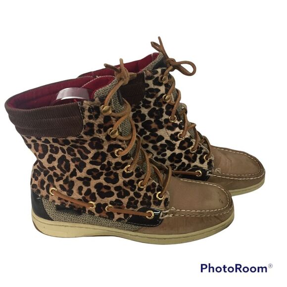 Sperry Hikerfish Brown Leather Leopard Lace Up Ankle Boot Sz 6 9173626 Cheetah - Picture 2 of 11